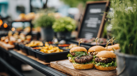 An inviting arrangement of gourmet mini burgers paired with fresh ingredients at an outdoor food market, embodying a vibrant culinary experience with side dishes.の素材