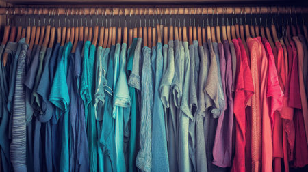 Vibrant display of assorted t-shirts organized by color creates a visually appealing showcase in a retail space, ideal for inspiring fashion choices and shopping experiences.の素材