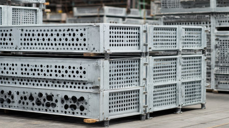 Stacked metal pallets in a spacious industrial warehouse, showcasing efficient storage solutions, modern design, and versatility for various manufacturing applications.の素材