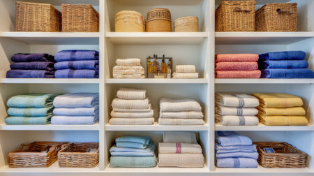 A beautifully arranged linen closet with neatly folded towels and stylish baskets, creating a warm and inviting atmosphere perfect for a cozy home setting.の素材