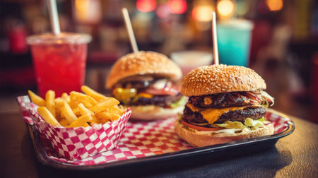A mouthwatering display of burgers served with crispy fries and refreshing drinks, set in a lively dining atmosphere perfect for food lovers and gatherings.の素材