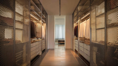Spacious and elegant modern walk-in closet featuring organized shelves, stylish fashion, and ambient lighting, creating a serene atmosphere for daily use and storage.の素材