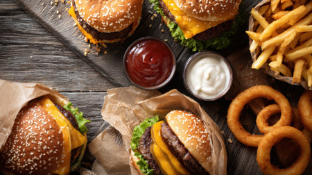A vibrant display of gourmet burgers featuring melted cheese and fresh ingredients, accompanied by crispy fries and onion rings, perfect for food lovers.の素材