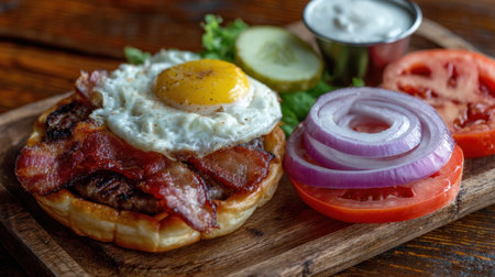 A mouthwatering breakfast plate featuring crispy bacon, a perfectly fried egg, fresh vegetables, and creamy sauce on a rustic wooden board, perfect for morning enjoyment.の素材