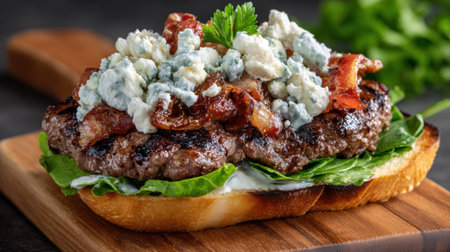A mouthwatering gourmet burger featuring crispy bacon and blue cheese atop fresh lettuce on a toasted bun, beautifully presented on a wooden board in a cozy kitchen.の素材