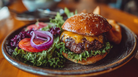 Indulge in a delicious cheeseburger featuring a juicy beef patty, fresh vegetables, and crispy fries, served on a rustic wooden table for a delightful dining experience.の素材