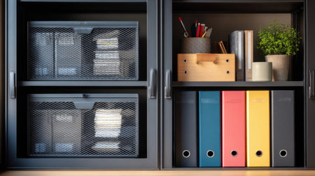 A well-organized home office shelf displaying various office supplies, binders, decorative accessories, and a small plant for an inviting and productive workspace.の素材