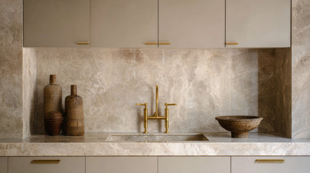 A sophisticated kitchen showcasing a minimalist aesthetic with natural stone elements, elegant golden fixtures, and unique ceramic accents that enhance the modern interior decor.の素材