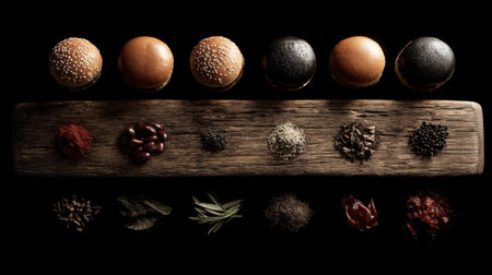 A striking visual arrangement features an assortment of spices, beans, and colorful buns on a rustic wooden board against a dark backdrop, perfect for culinary inspiration.の素材
