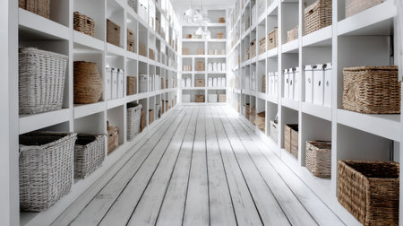 A beautifully organized storage room featuring white shelves and natural baskets, perfect for a tidy and minimalist home environment, fostering efficiency and calmness.の素材