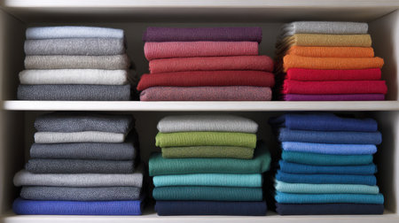 A beautiful arrangement of colorful sweaters on shelves, displaying neat organization and a variety of textures. Ideal for fashion inspiration and home decor ideas.の素材