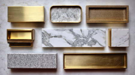A visually stunning collection of brass and marble decor pieces arranged on a textured surface, perfect for modern interior design and home decor inspiration.の素材