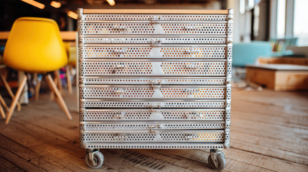This image features a modern metal storage unit with wheels, emphasizing functionality in a creative workspace. The vibrant yellow chair adds a pop of color to the interior design.の素材