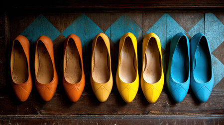 A striking display of colorful high heels arranged on a wooden surface, showcasing a variety of vibrant styles perfect for fashion lovers and creative presentations.の素材