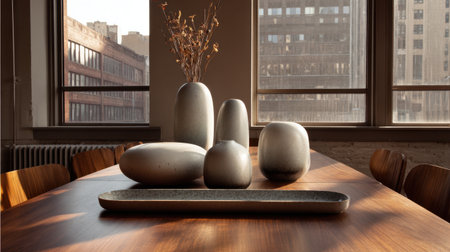 A serene interior scene showcasing minimalistic vases on a wooden table, with warm sunlight flooding the space, enhancing the artistic ambiance and elegant design.の素材