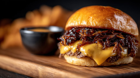 A delicious cheeseburger showcasing melted cheese, crispy onion toppings, and a side of crunchy fries, presented beautifully on a wooden plate for food enthusiasts.の素材