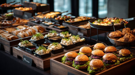 A beautifully arranged buffet featuring mouthwatering burgers, fresh salads, and assorted breads. Perfect for events, this spread showcases a variety of flavors and vibrant presentation.の素材