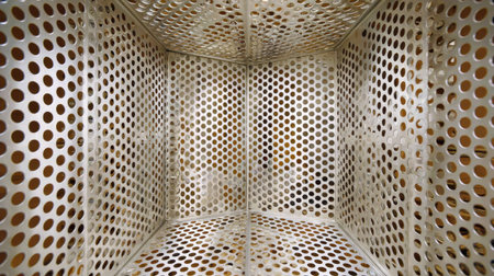 A detailed view of an empty metallic interior featuring a unique pattern of circular holes. This image captures the interplay of light and shadow, ideal for various design projects.の素材
