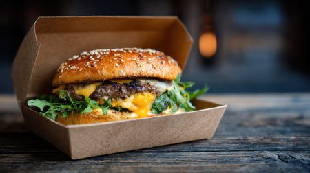 Mouthwatering cheeseburger featuring savory beef and melted cheese, served in a stylish takeout box on a rustic wooden table, perfect for food photography and promotions.の素材