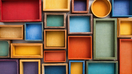 A vibrant collection of colorful wooden boxes arranged in an artistic pattern, showcasing their unique textures and hues, perfect for decorative inspiration and creative projects.の素材