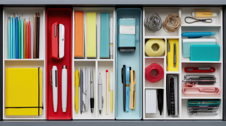 A neatly organized desk drawer showcasing vibrant stationery items. The arrangement includes pens, notebooks, clips, and various office supplies, perfect for enhancing productivity and creativity.の素材