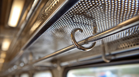 A detailed close-up of metal hooks suspended from a public transport ceiling, highlighting functional design elements and the contemporary aesthetic of urban travel spaces.の素材
