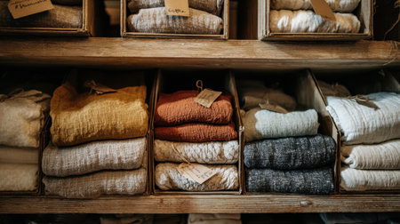 This image showcases a beautifully organized display of soft textiles in warm colors, perfect for inspiring home decor and stylish interior arrangements. Ideal for creative projects.の素材