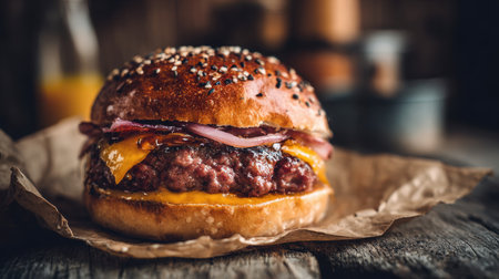A mouthwatering gourmet burger featuring a juicy patty, melted cheese, and caramelized onions, beautifully arranged on a rustic wooden table, perfect for food photography.の素材