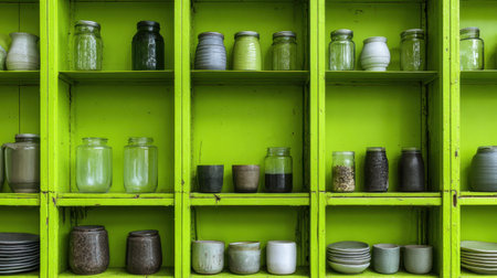 A vivid arrangement of glass jars and unique pottery on brightly colored green shelves, perfect for adding a touch of modern art and organization to any room.の素材