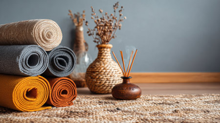 A beautiful display of rolled rugs in neutral colors paired with decorative vases and dried flowers, creating a warm and inviting living room atmosphere. Perfect for home decor inspiration.の素材