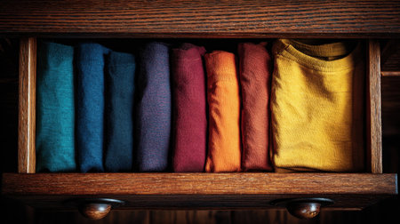 A beautifully arranged drawer displays an array of colorful folded t-shirts, providing inspiration for organization and home decor with vibrant hues and neat presentation.の素材