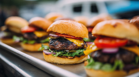 Delicious gourmet burgers featuring fresh ingredients are served on soft buns, perfect for summer gatherings and outdoor events. A feast for burger lovers!の素材