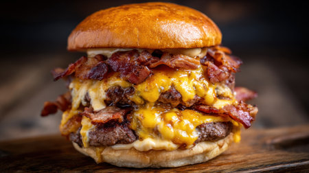 Mouthwatering triple layer bacon cheeseburger features juicy beef patties, crispy bacon, and melted cheddar on a toasted brioche bun, ideal for food enthusiasts.の素材