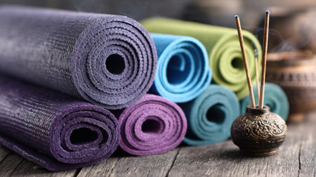 Aesthetic arrangement of colorful rolled exercise mats alongside incense sticks, showcasing a peaceful atmosphere ideal for promoting wellness and fitness products in calming environments.の素材