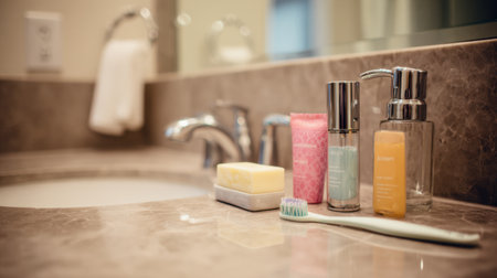 A stylish bathroom scene featuring skincare products, a toothbrush, and soap on a marble countertop, embodying modern elegance and promoting daily self-care rituals.の素材