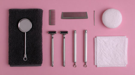 Explore a captivating arrangement of grooming tools on a soft pink background. This flat lay showcases essential items for a refined personal care routine and aesthetics.の素材