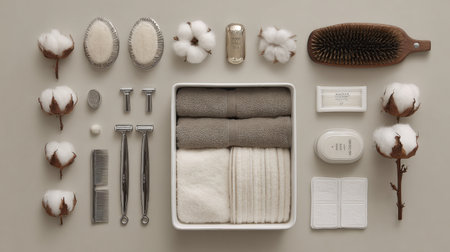 Discover a serene flat lay featuring personal care items arranged artistically, perfect for promoting wellness and hygiene in a minimalist aesthetic. Ideal for lifestyle themes.の素材