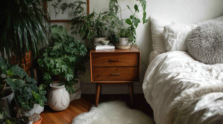 This serene bedroom corner showcases a vintage nightstand adorned with lush plants, soft textiles, and warm wood tones, creating a cozy atmosphere for relaxation and rest.の素材