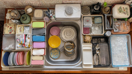 A top-down image of a kitchen sink area showcasing neatly arranged kitchenware and utensils to create an organized and functional cooking environment.の素材