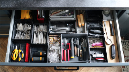 A well-organized kitchen drawer showcases a variety of household tools and utensils, providing an efficient storage solution with a functional design for any home.の素材
