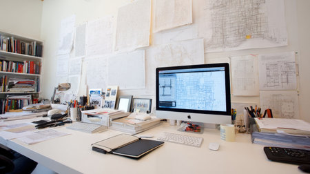 Bright and organized workspace showcasing a computer, architectural drawings, and office supplies, perfect for professionals seeking creative efficiency and inspiration.の素材