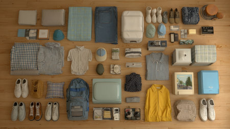 A beautifully organized flat lay showcasing a variety of clothing and personal items, perfect for lifestyle photography, fashion inspiration, or home organization concepts.の素材