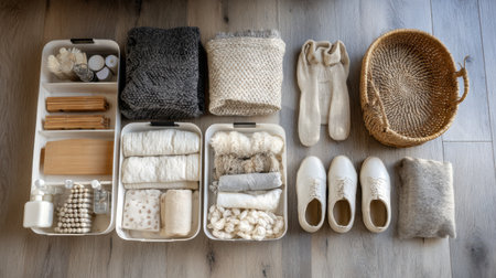 Discover a beautifully arranged display of organized storage featuring textile materials, shoes, and home essentials, showcasing a clean and minimalist aesthetic perfect for modern living.の素材