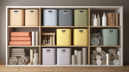 A modern storage solution featuring colorful bins and neatly folded textiles on shelves, creating an organized and visually appealing interior space perfect for home decor.の素材