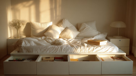 A serene bedroom showcasing soft lighting, plush bedding, and a minimalist style, ideal for relaxation and comfort. Perfect for home decor inspiration and lifestyle projects.の素材