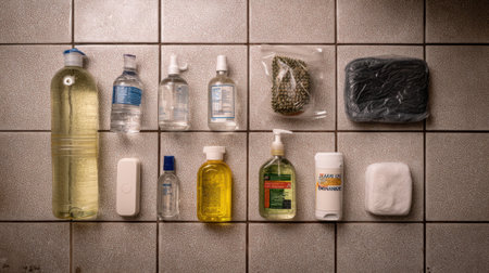 This image showcases an organized display of various personal care and cleaning products on a tiled surface, highlighting hygiene essentials for everyday use.の素材