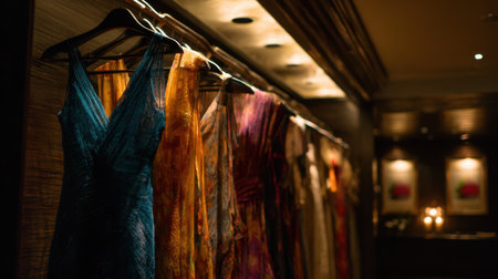 A stunning display of evening gowns in an elegant boutique, illuminated by soft lighting. The rich fabrics and vibrant colors create an inviting atmosphere for fashion enthusiasts.の素材