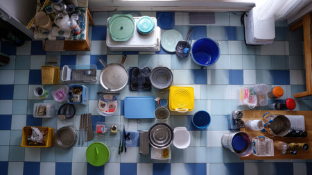 This image captures an organized array of kitchen tools and containers on a colorful tiled floor, showcasing a domestic workspace with a tidy, minimal aesthetic perfect for culinary activities.の素材