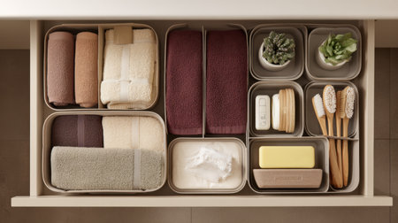 A beautifully organized bathroom drawer featuring neatly arranged towels, brushes, natural elements, and essential accessories for a stylish and functional storage solution.の素材