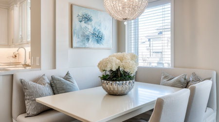 Modern dining area showcasing a sleek table adorned with a floral centerpiece and illuminated by a chic chandelier in a bright, inviting space.の素材